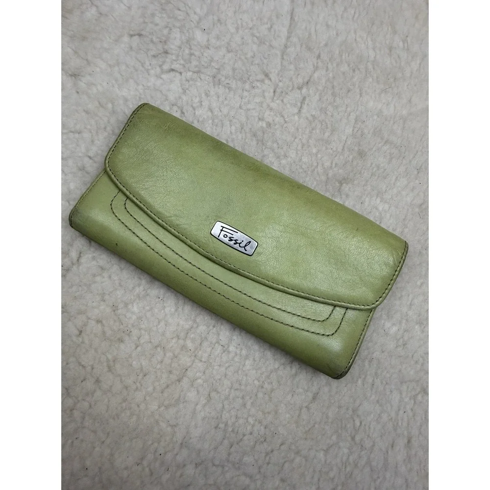 Vintage Y2K Fossil Spring Green Leather Trifold Wallet Organizer Retro 2000s